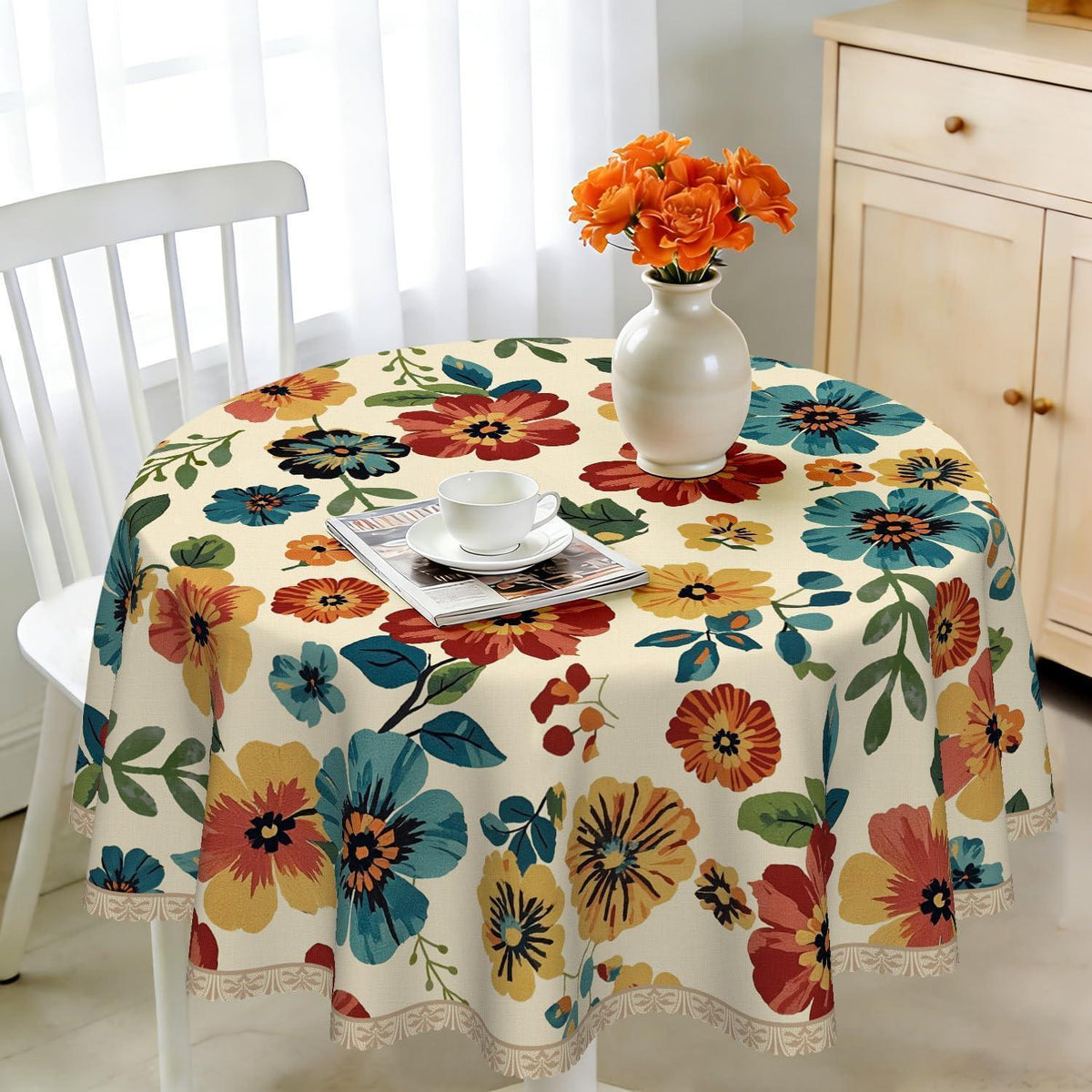 Runde Tischdecke 160 cm – Wetterfest & Vintage Wildblume