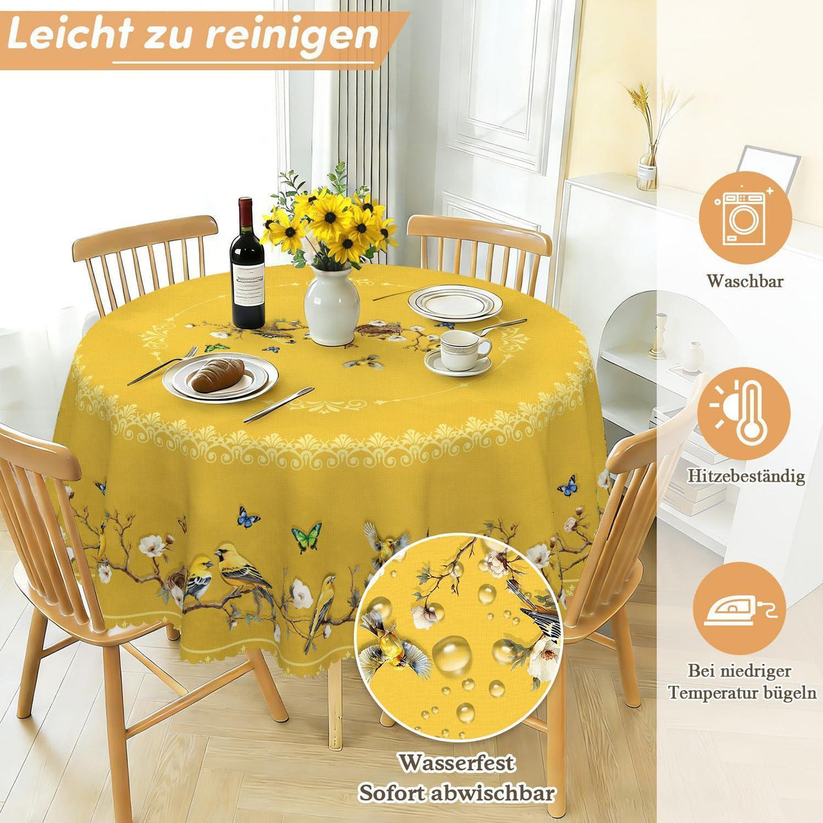 Runde Tischdecke 140 cm – Wetterfest & Goldene Vögel Muster