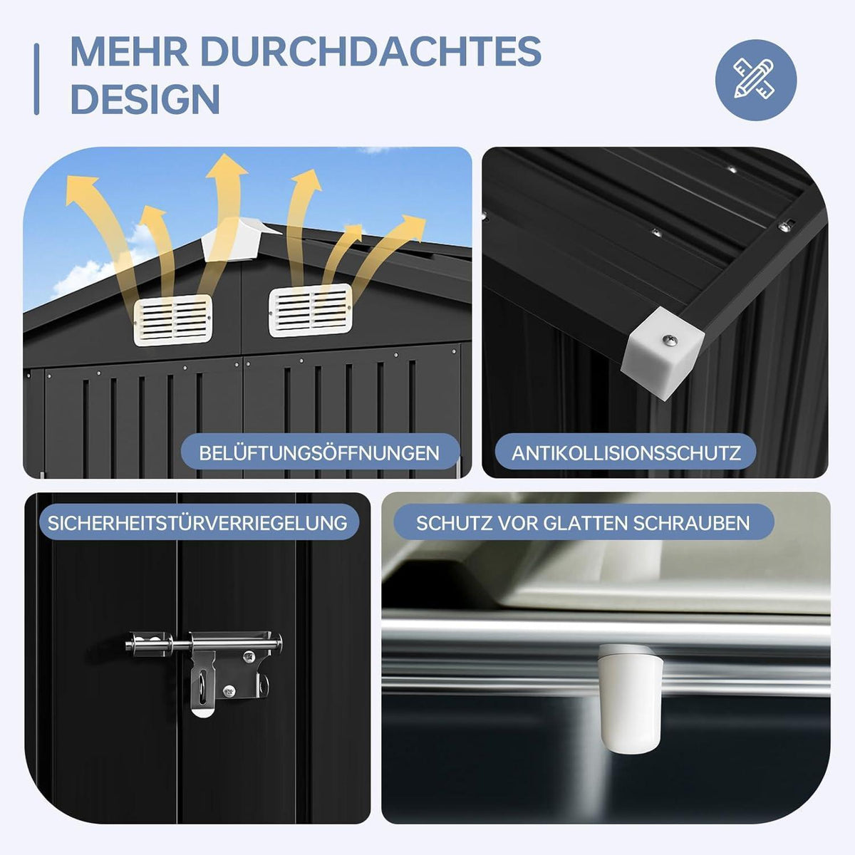 Gerätehaus Metall 200x188x123cm mit Fundamentrahmen Schwarz