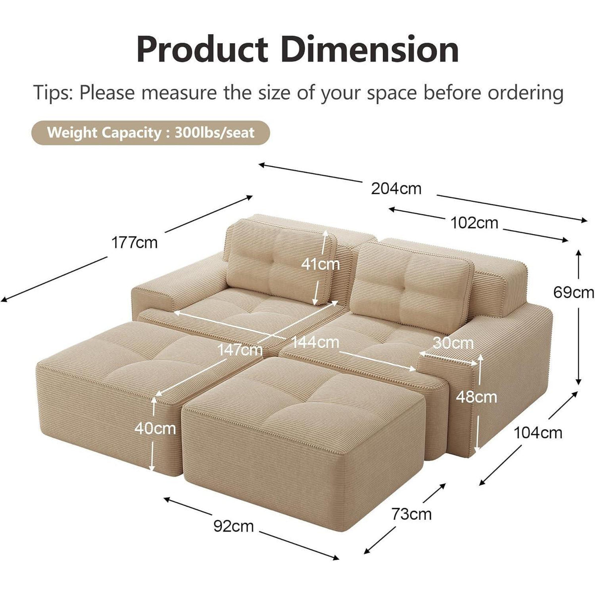 Modularer 2-Sitzer Cord Sofa mit Hockern – Tiefsitz & Komfort