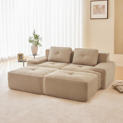 Modularer 2-Sitzer Cord Sofa mit Hockern – Tiefsitz & Komfort