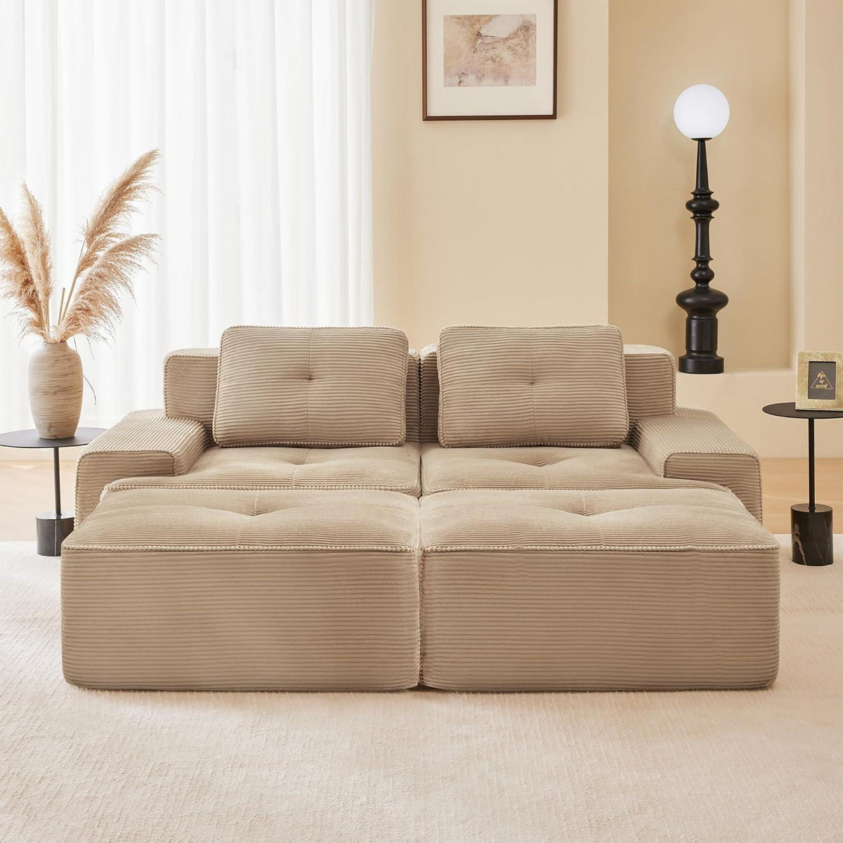Modularer 2-Sitzer Cord Sofa mit Hockern – Tiefsitz & Komfort