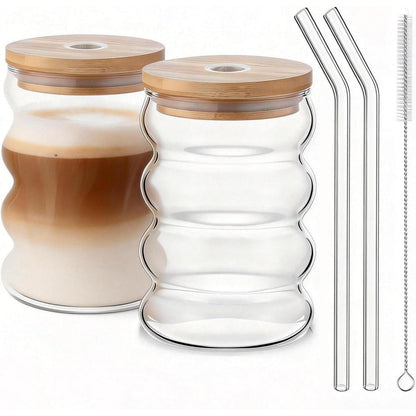 Latte Macchiato Gläser 2er Set mit Glasstrohhalm & Bambusdeckel