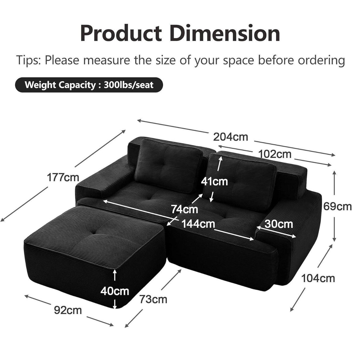 Modularer 2-Sitzer Cord Sofa mit Hocker – Tiefsitz & Komfort