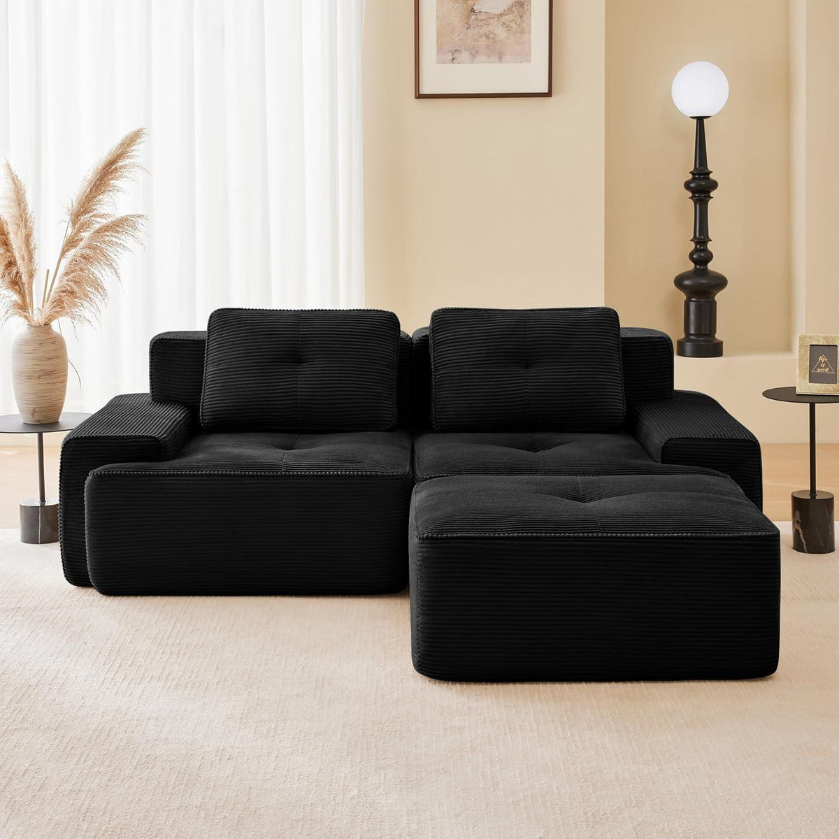 Modularer 2-Sitzer Cord Sofa mit Hocker – Tiefsitz & Komfort