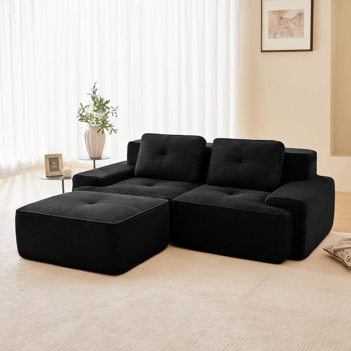 Modularer 2-Sitzer Cord Sofa mit Hocker – Tiefsitz & Komfort