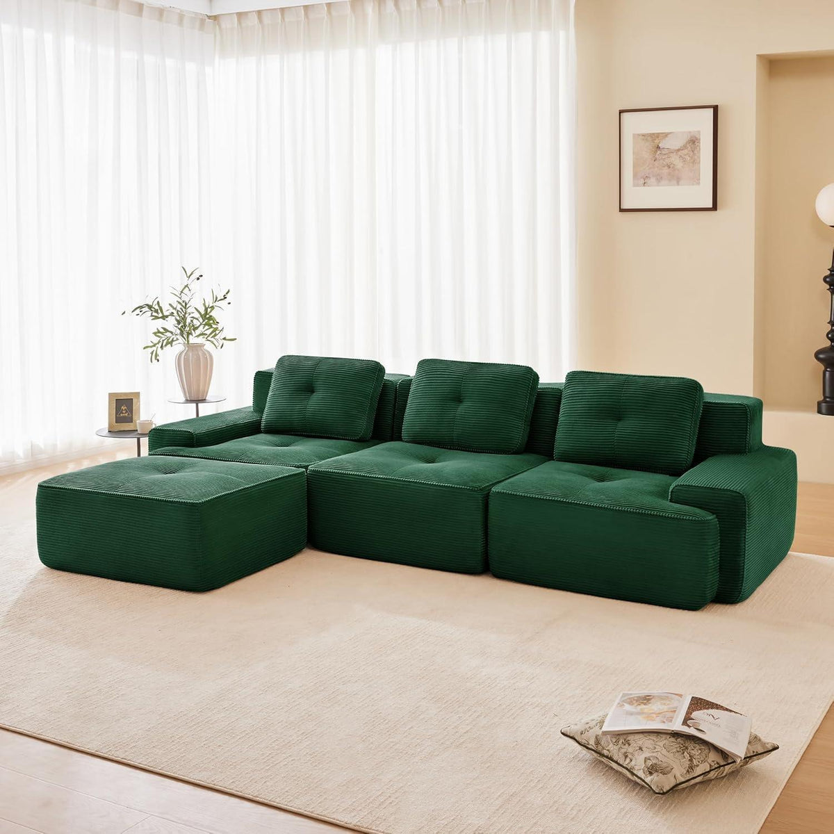 Modularer 3-Sitzer Cord Sofa mit Hocker – Tiefsitz & Komfort