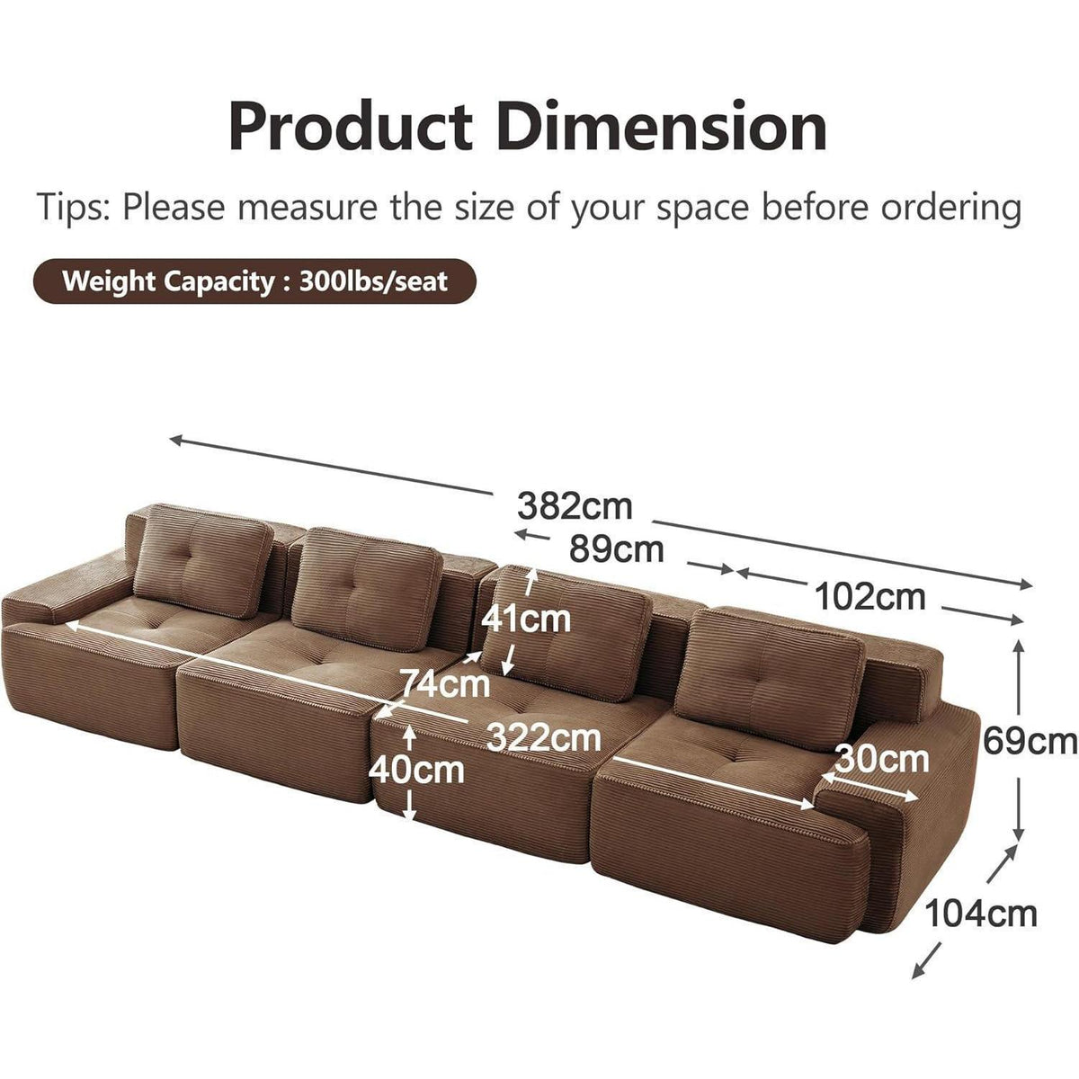 Modulares 4-Sitzer Cord Sofa – Tiefsitz & Komfort