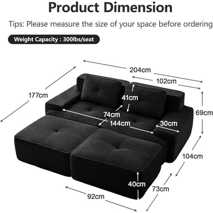 Modularer 2-Sitzer Cord Sofa mit Hockern – Tiefsitz & Komfort