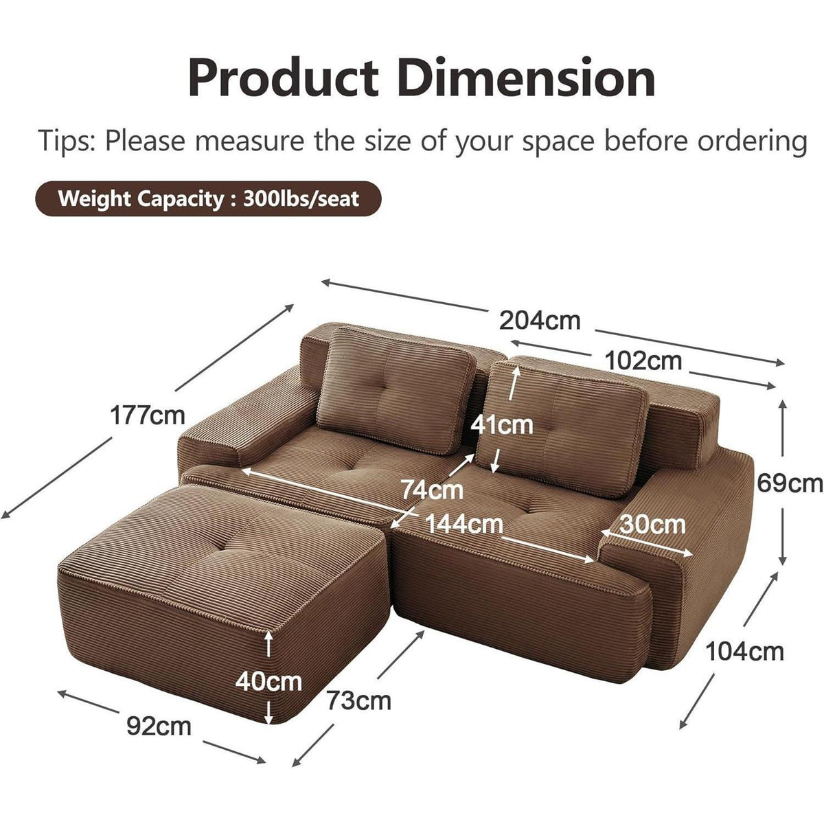Modularer Cord-Sofa 2-Sitzer + Hocker – Tiefsitz & Flexibel