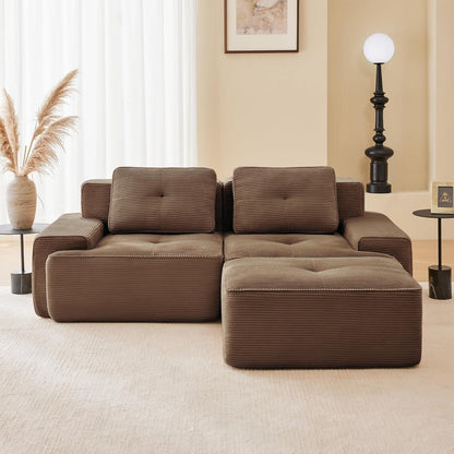 Modularer Cord-Sofa 2-Sitzer + Hocker – Tiefsitz & Flexibel
