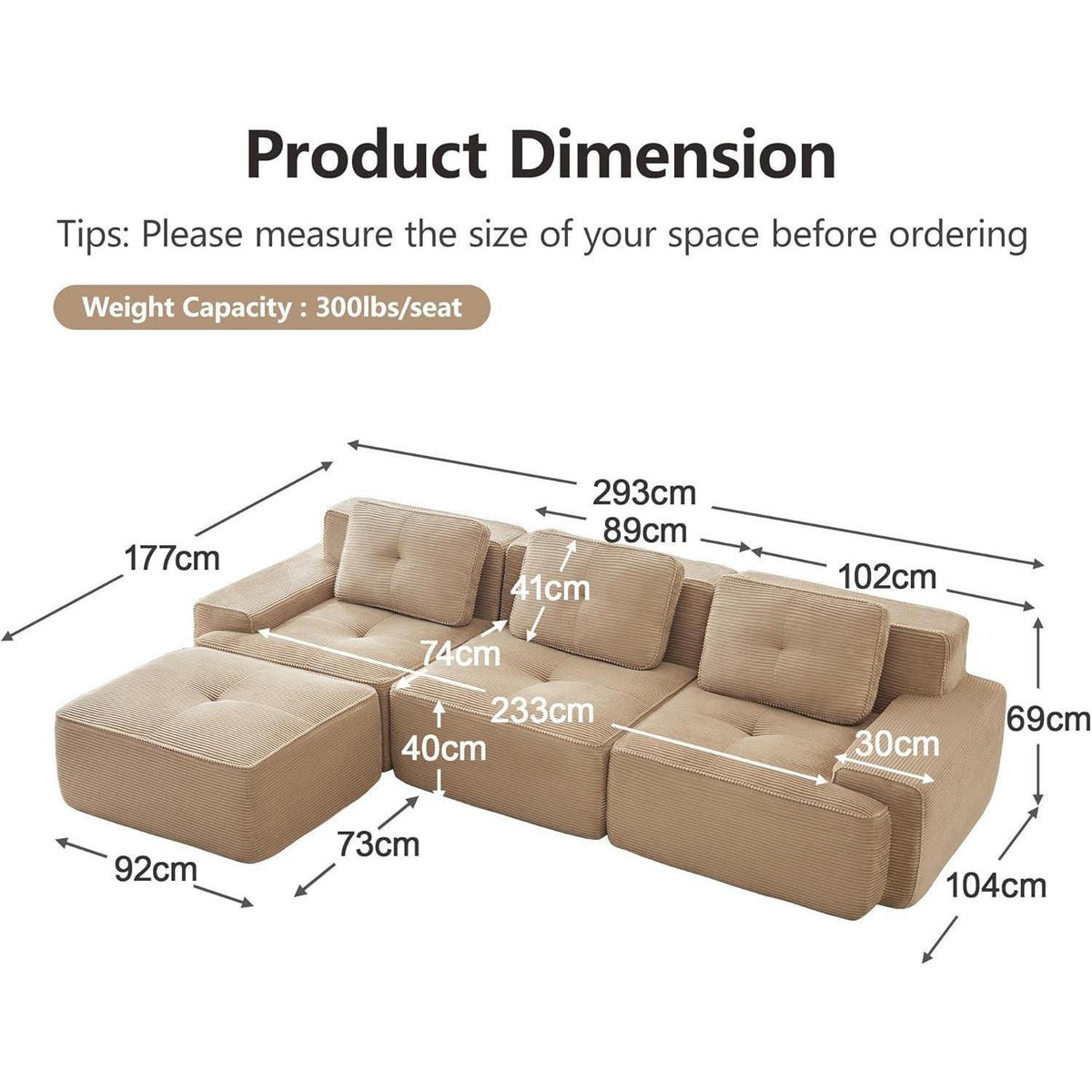 Modularer 3-Sitzer Cord Sofa mit Hocker – Tiefsitz & Komfort