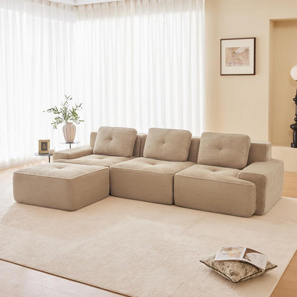 Modularer 3-Sitzer Cord Sofa mit Hocker – Tiefsitz & Komfort