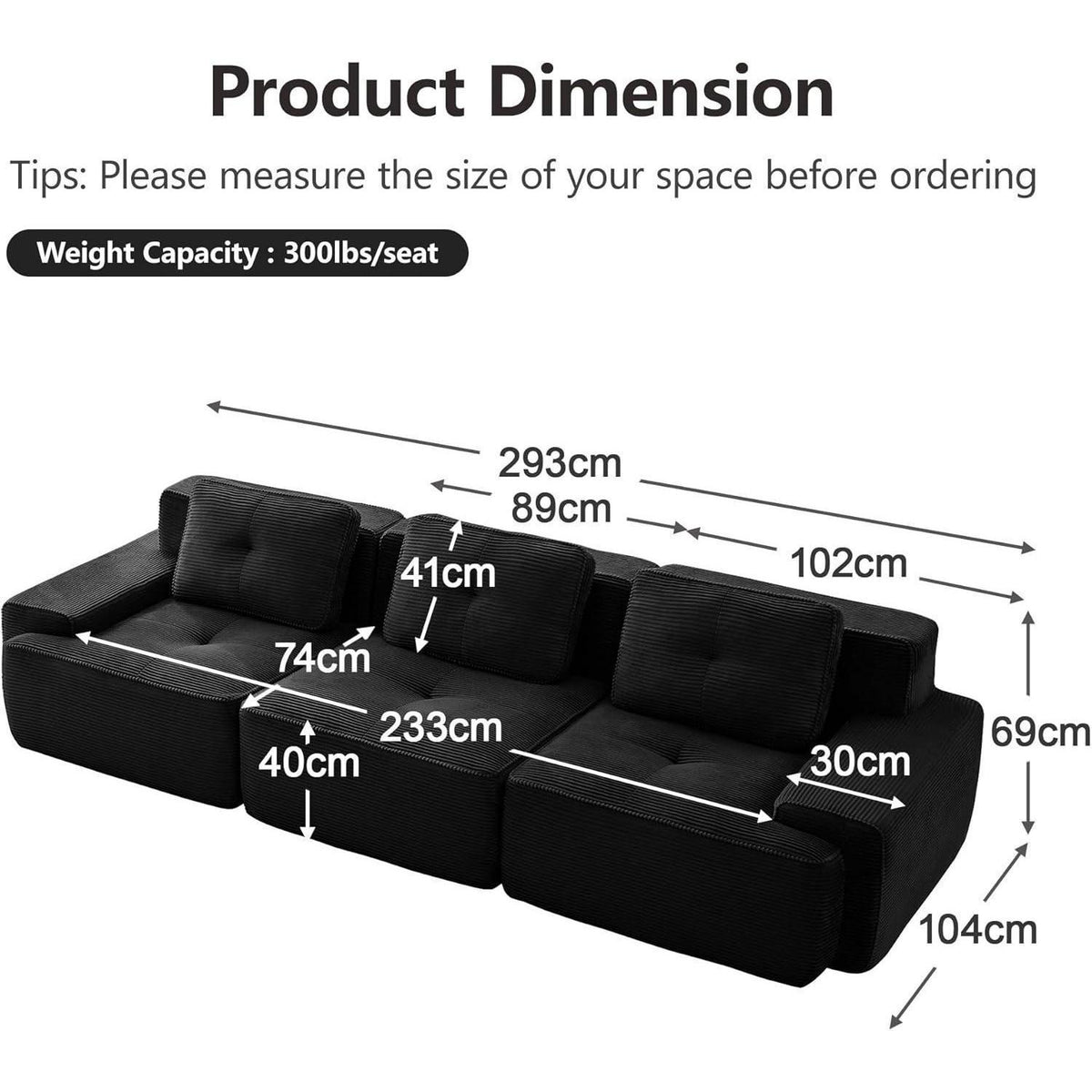 Modularer 3-Sitzer Cord Sofa – Tiefsitz & Komfort