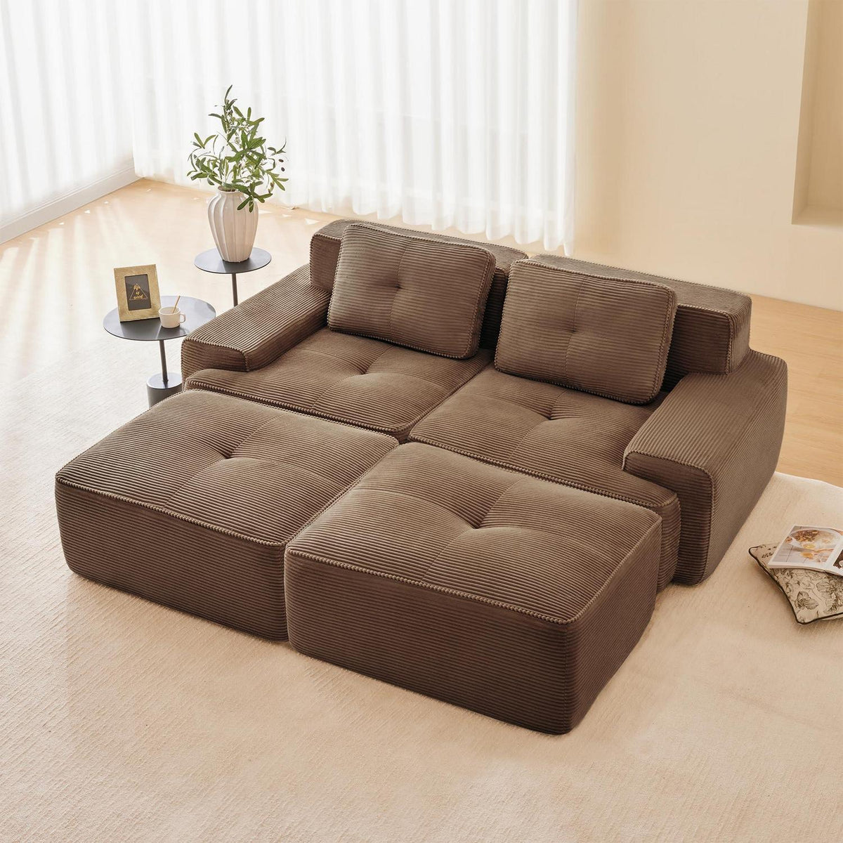 Modularer 2-Sitzer Cord Sofa mit Hockern – Tiefsitz & Komfort