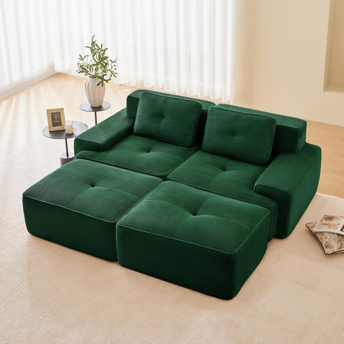 Modularer 2-Sitzer Cord Sofa mit Hockern & Tiefsitz (Grün)