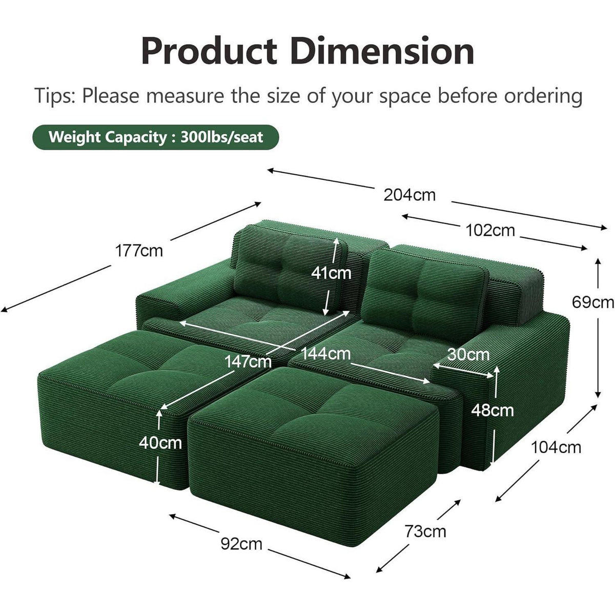 Modularer 2-Sitzer Cord Sofa mit Hockern & Tiefsitz (Grün)