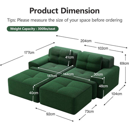Modularer 2-Sitzer Cord Sofa mit Hockern & Tiefsitz (Grün)