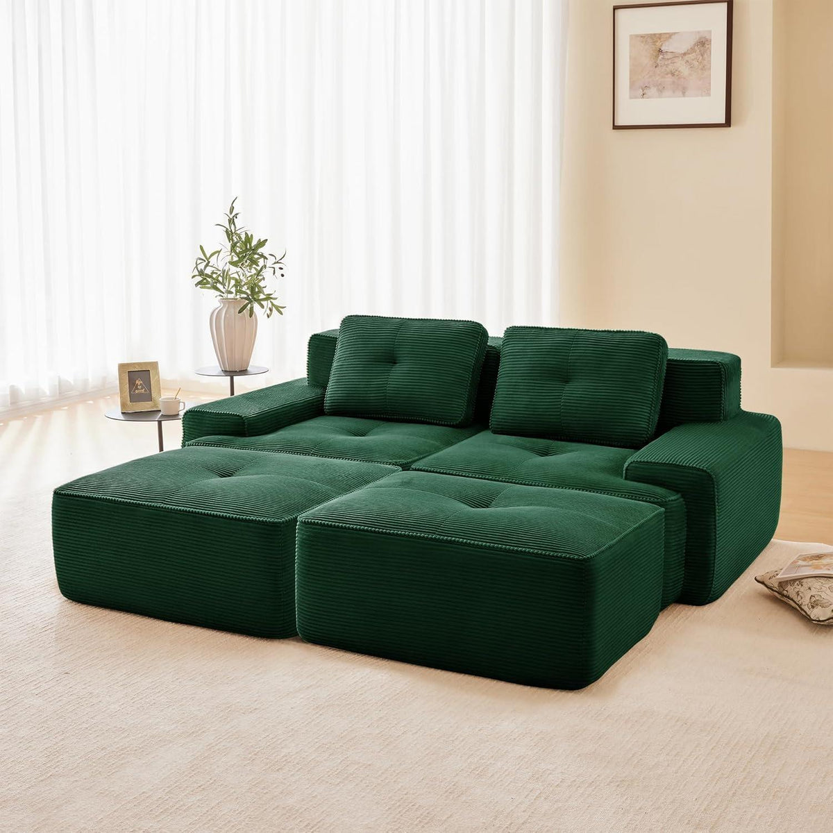 Modularer 2-Sitzer Cord Sofa mit Hockern & Tiefsitz (Grün)