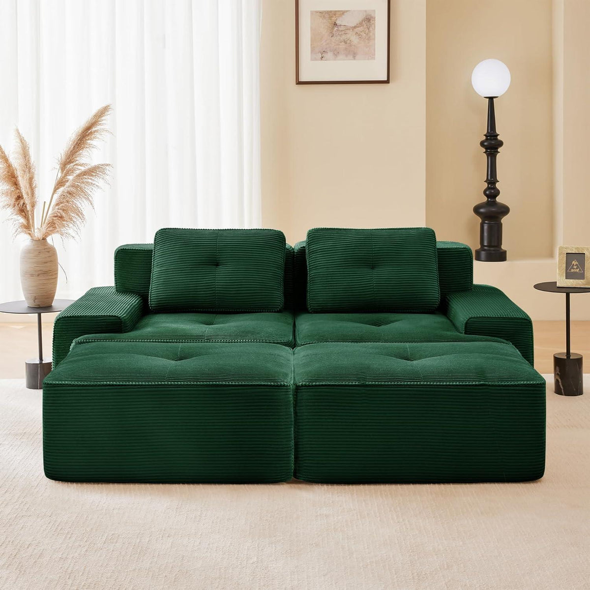 Modularer 2-Sitzer Cord Sofa mit Hockern & Tiefsitz (Grün)