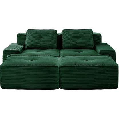 Modularer 2-Sitzer Cord Sofa mit Hockern & Tiefsitz (Grün)