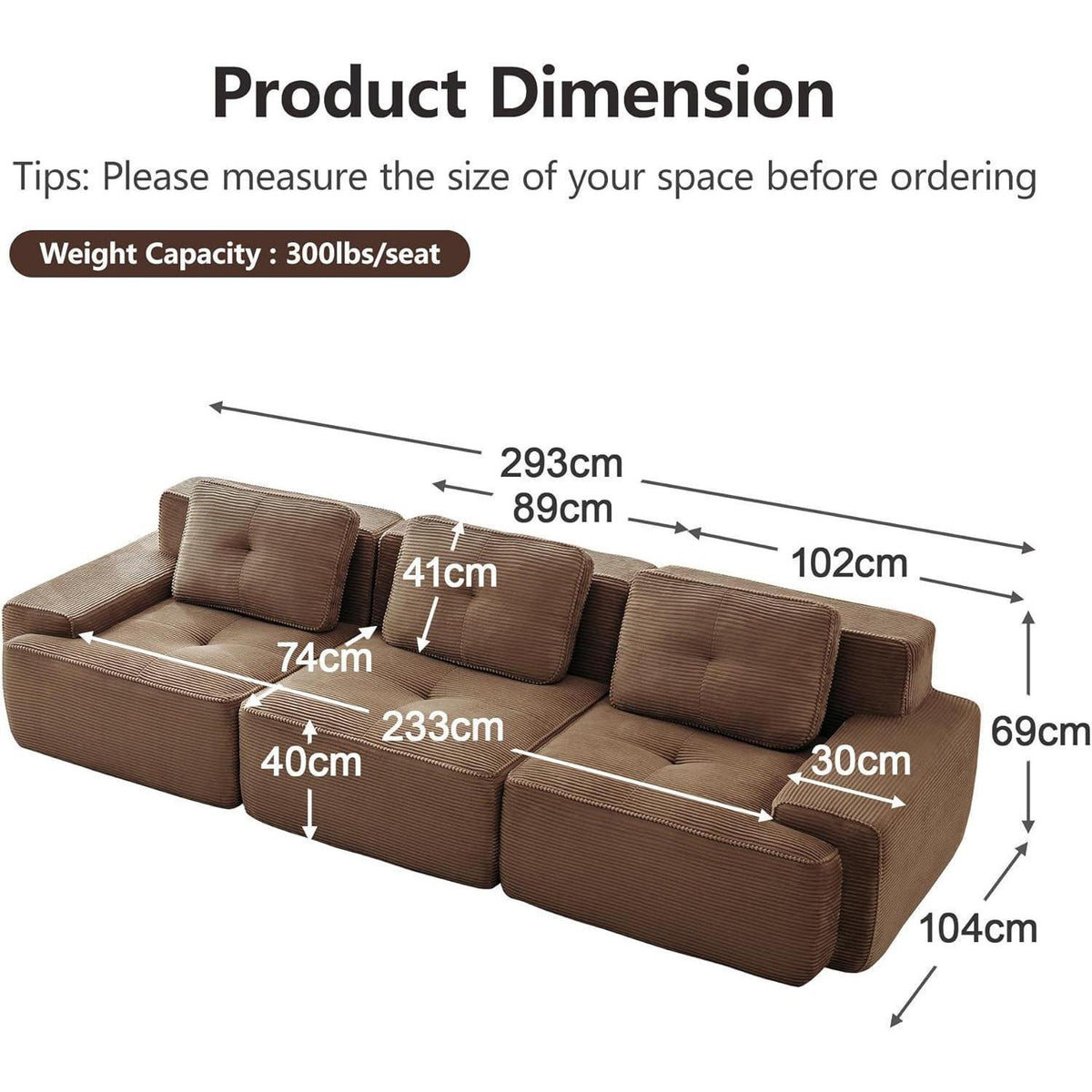Modularer 3-Sitzer Cord Sofa | Tiefsitz, Eckcouch, Braun
