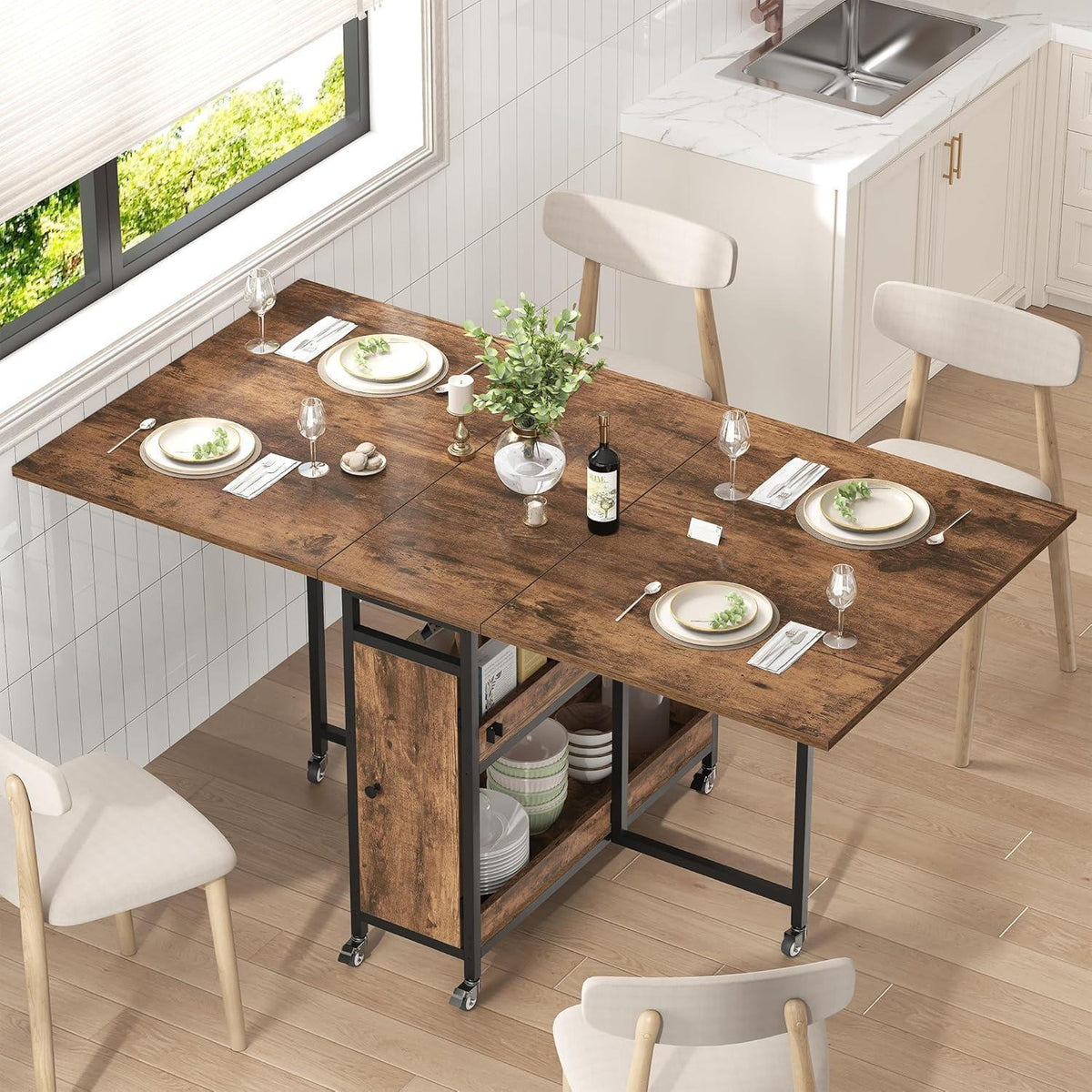 Klappbarer Esstisch mit Stauraum – Platzsparender Küchentisch Holz