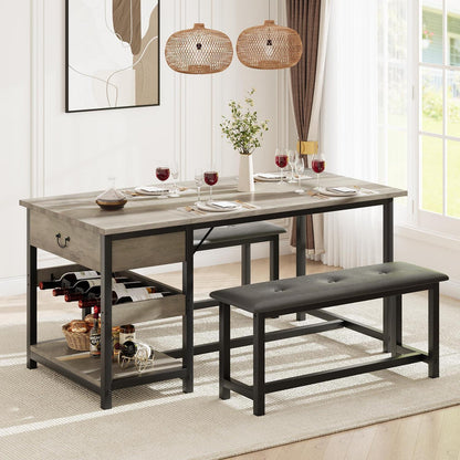 Esszimmer Set Grau: Tisch mit 2 gepolsterten Bänken & Stauraum
