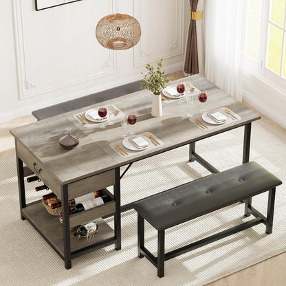 Esszimmer Set Grau: Tisch mit 2 gepolsterten Bänken & Stauraum