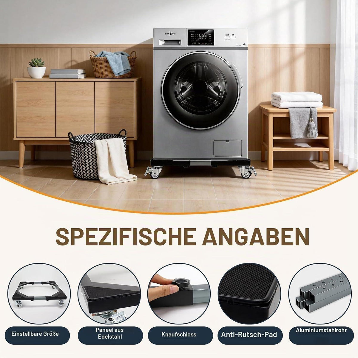 Waschmaschinen Untergestell Edelstahl mit Rollen & Bremsen