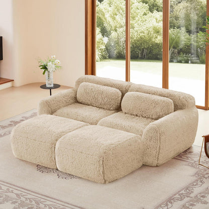 2-Sitzer Sofa mit Hockern & Kissen – Hellkhaki, Modular & Komfortabel