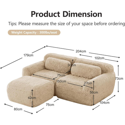 Modulares 2-Sitzer Sofa mit Hocker | L-Form, Plüsch, Hellkhaki