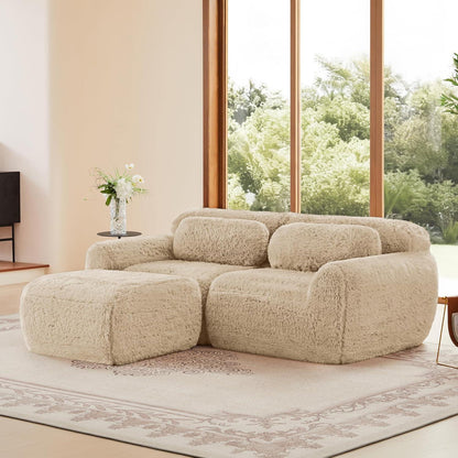 Modulares 2-Sitzer Sofa mit Hocker | L-Form, Plüsch, Hellkhaki