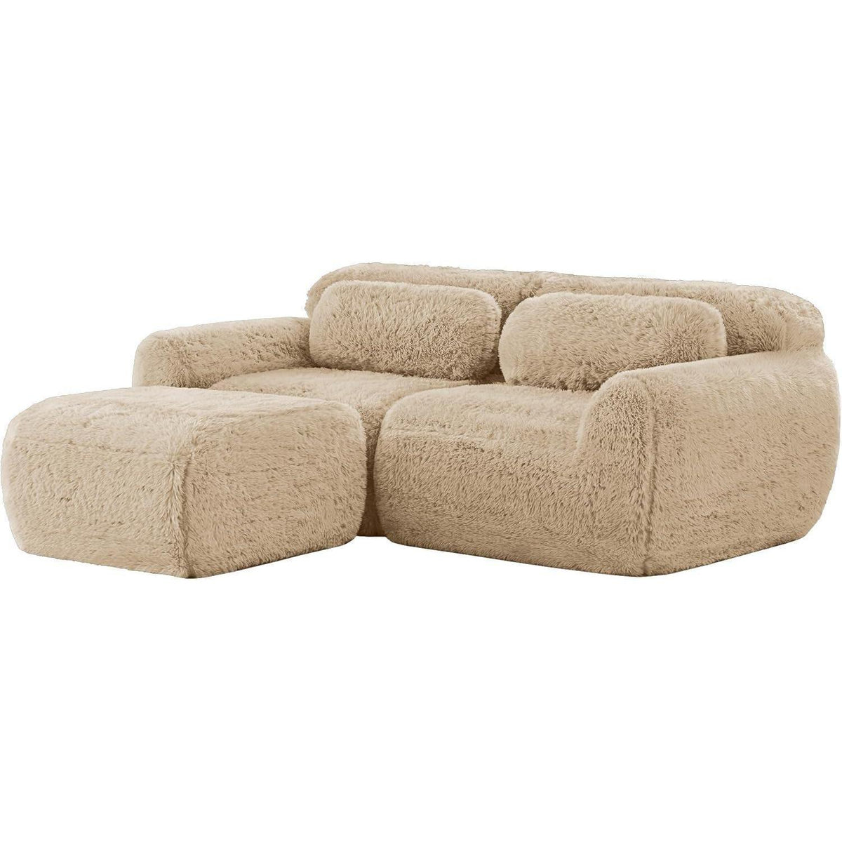Modulares 2-Sitzer Sofa mit Hocker | L-Form, Plüsch, Hellkhaki