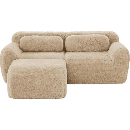 Modulares 2-Sitzer Sofa mit Hocker | L-Form, Plüsch, Hellkhaki