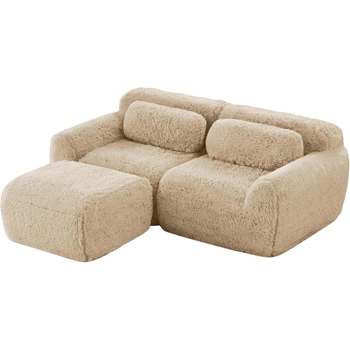 Modulares 2-Sitzer Sofa mit Hocker | L-Form, Plüsch, Hellkhaki