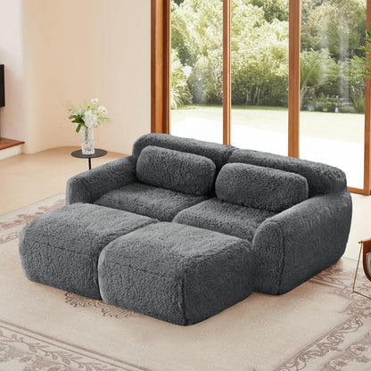 Graues 2-Sitzer Sofa mit Hockern & Kissen – Modular & Montagefrei