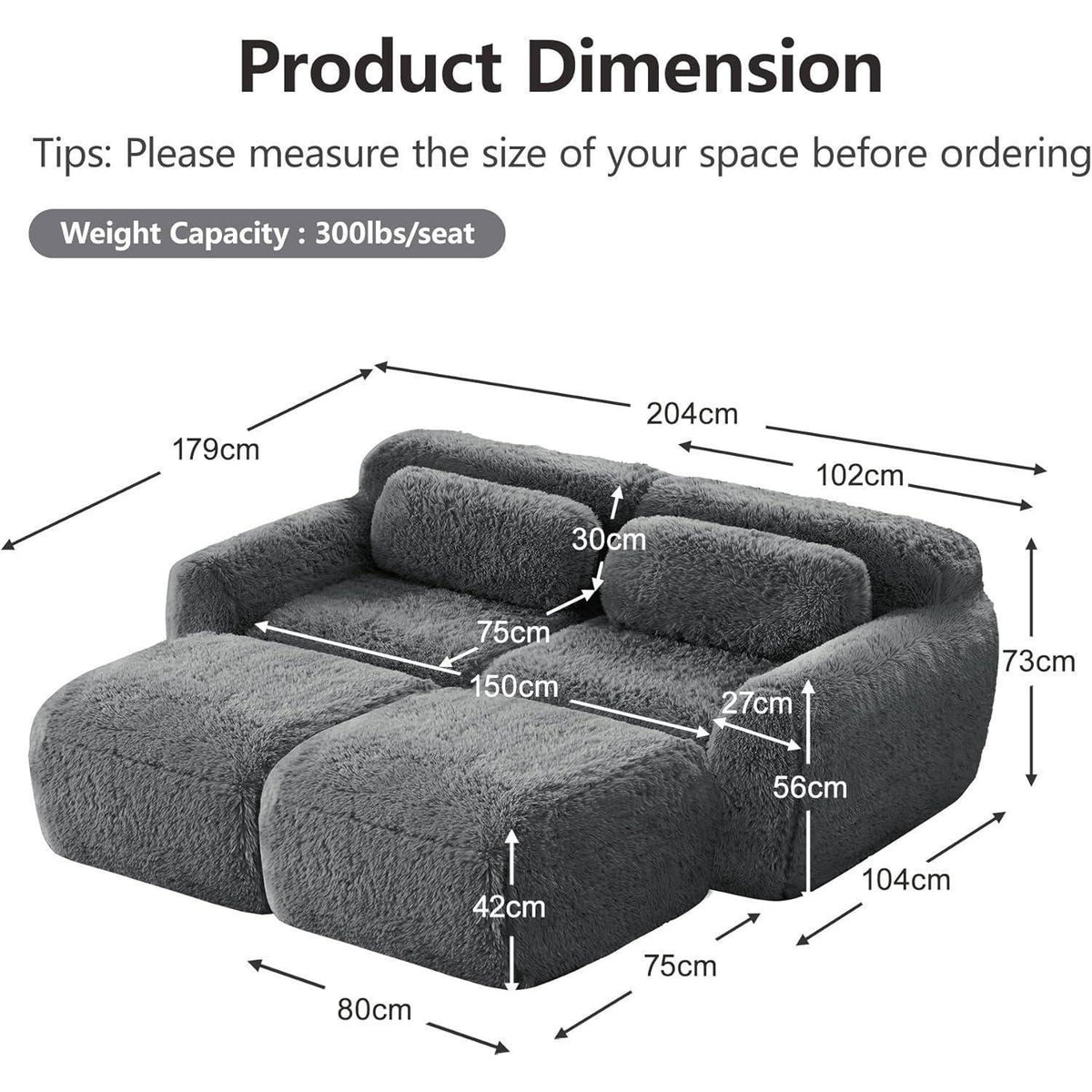 Graues 2-Sitzer Sofa mit Hockern & Kissen – Modular & Montagefrei