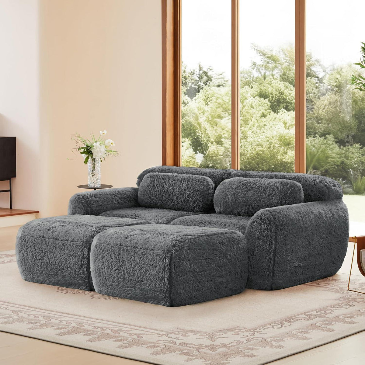 Graues 2-Sitzer Sofa mit Hockern & Kissen – Modular & Montagefrei