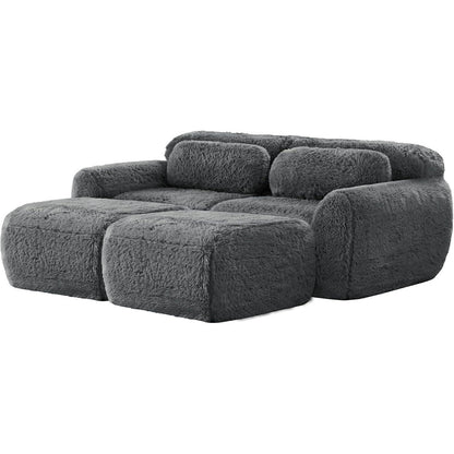 Graues 2-Sitzer Sofa mit Hockern & Kissen – Modular & Montagefrei
