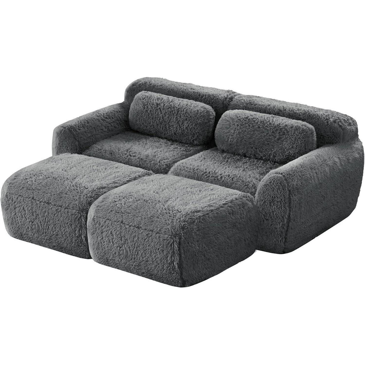 Graues 2-Sitzer Sofa mit Hockern & Kissen – Modular & Montagefrei
