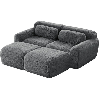 Graues 2-Sitzer Sofa mit Hockern & Kissen – Modular & Montagefrei