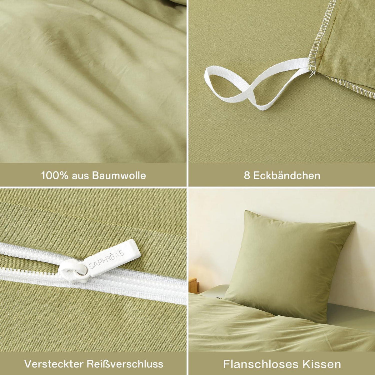 Baumwoll Bettwäsche Set 200x200 cm Oliven Grün 3-teilig