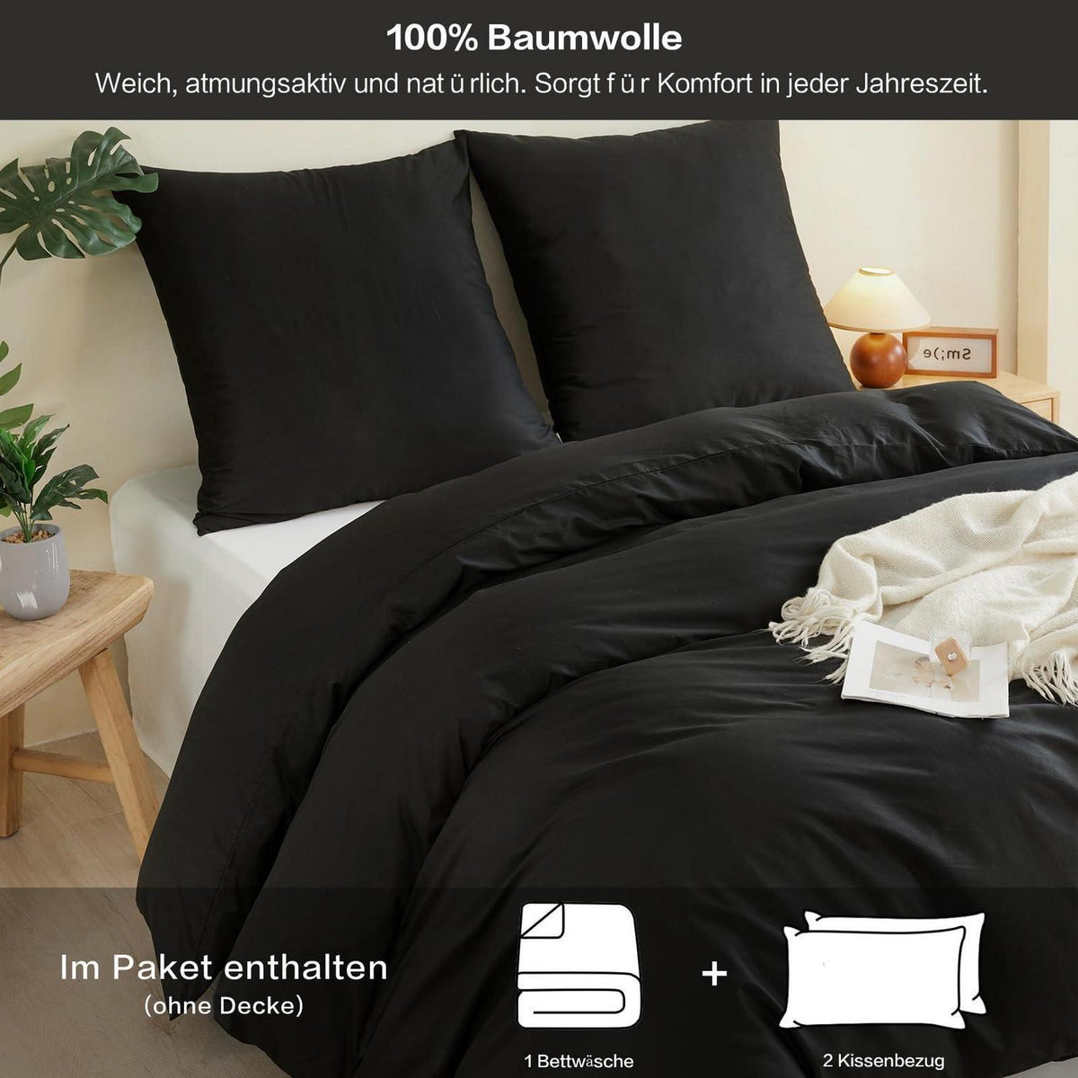 100% Baumwoll Bettwäsche Set Schwarz 200x220cm + 2 Kissenbezüge