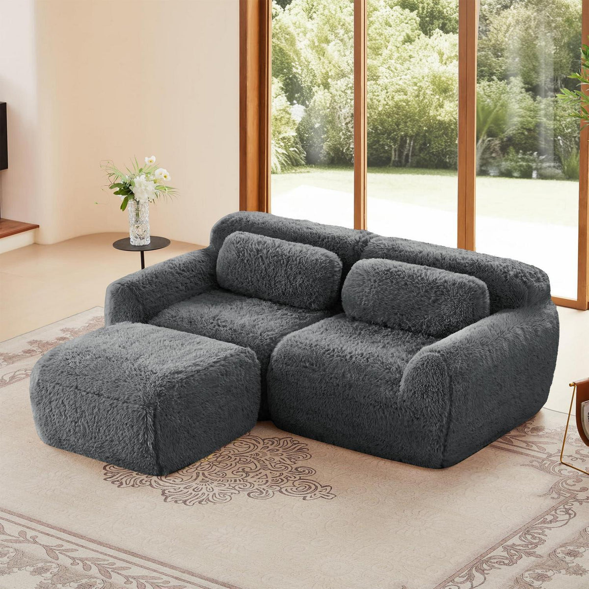 Modulares Sofa 2-Sitzer mit Hocker | Grau, L-Form, Ohne Montage