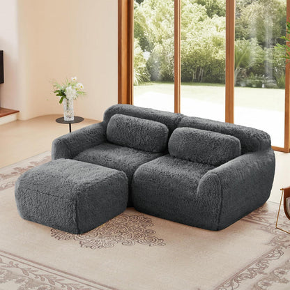 Modulares Sofa 2-Sitzer mit Hocker | Grau, L-Form, Ohne Montage
