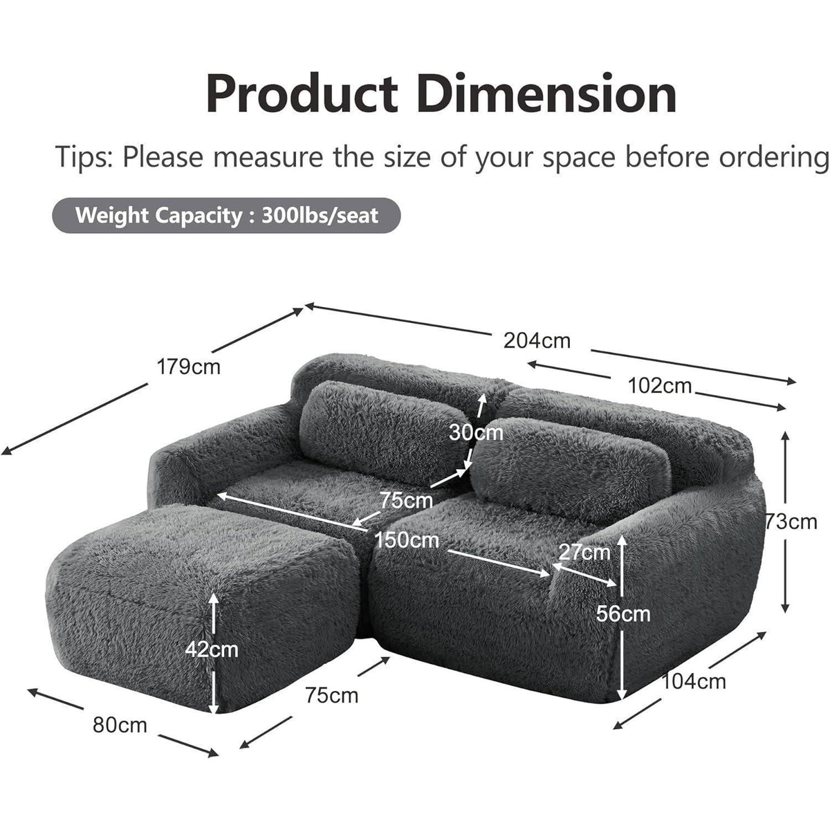 Modulares Sofa 2-Sitzer mit Hocker | Grau, L-Form, Ohne Montage