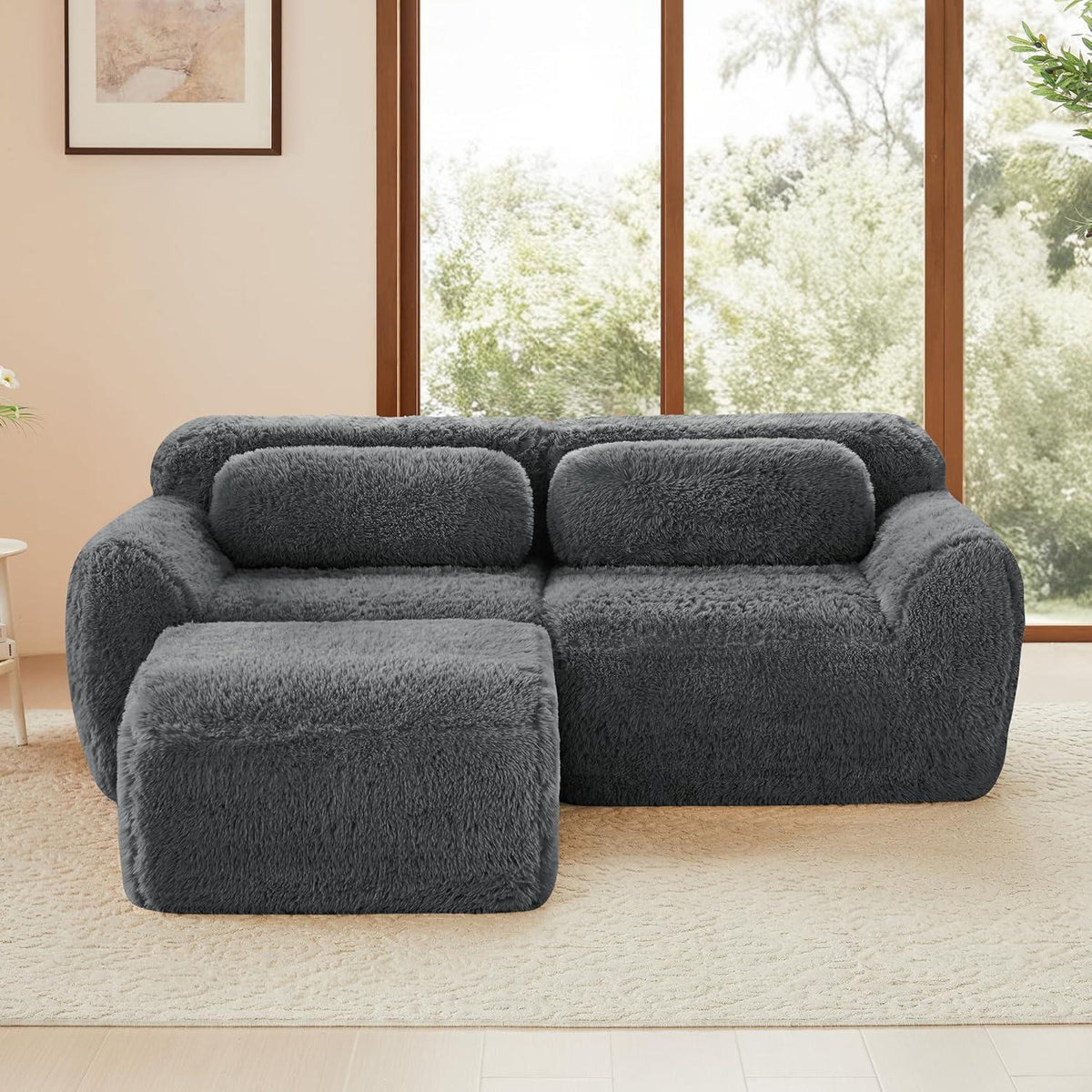 Modulares Sofa 2-Sitzer mit Hocker | Grau, L-Form, Ohne Montage