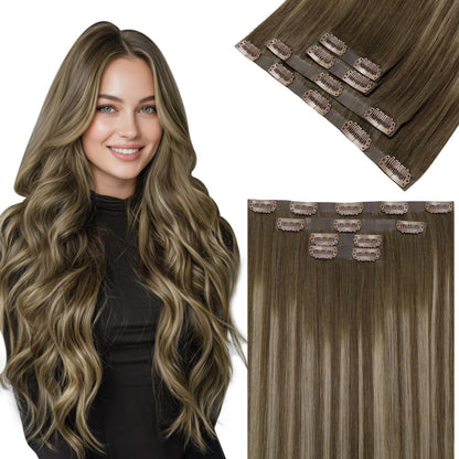 Echthaar Clip-Ins Braun Balayage 55cm – Voller Kopf