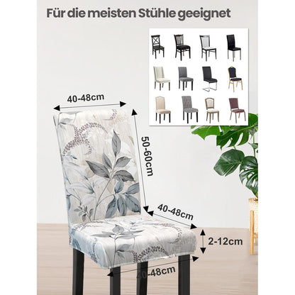 6er Set Stuhlhussen Grau Blätter-Muster – Stretch & Waschbar